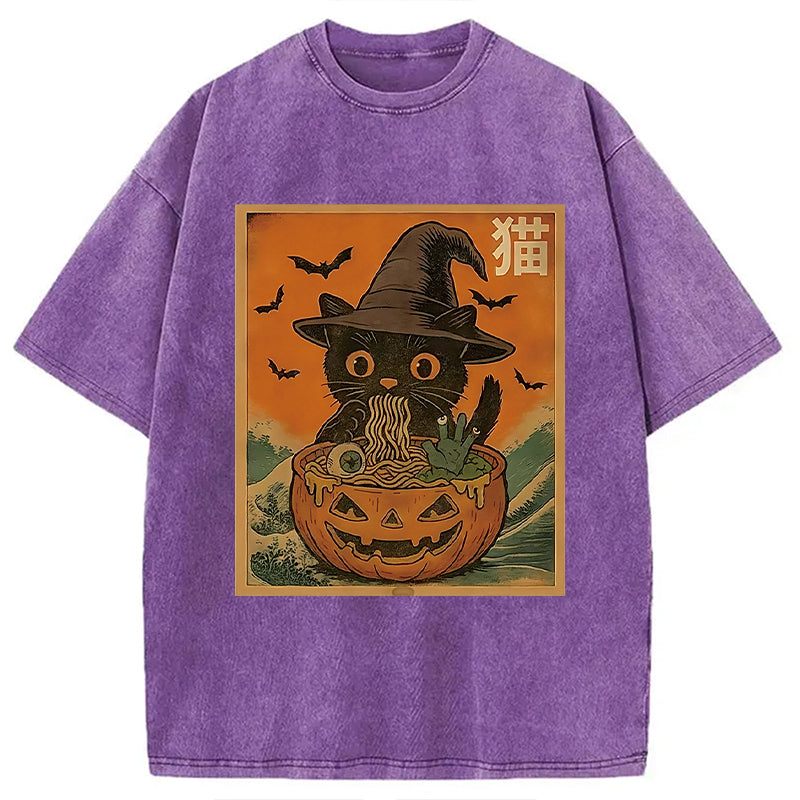 bbb Halloween Cat Eating Ramen Washed T-Shirt