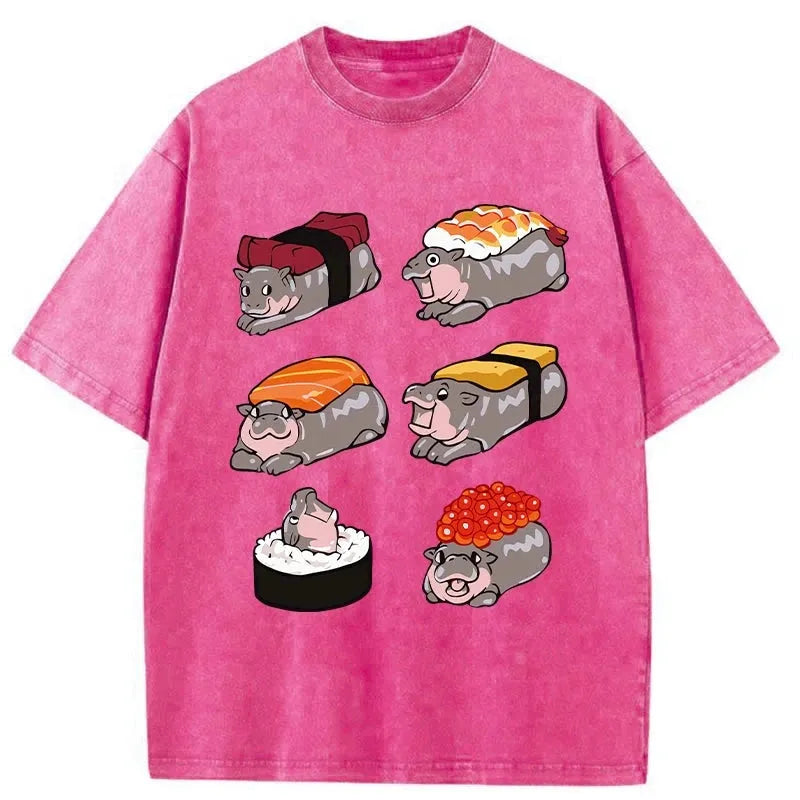 bbb Cute Hippo Sushi Washed T-Shirt