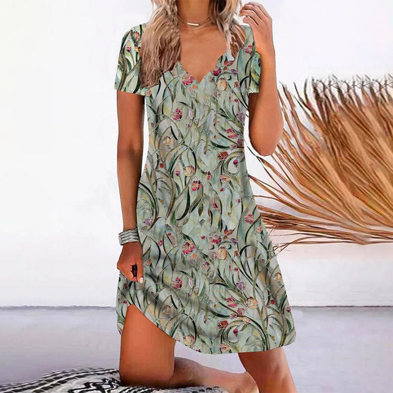 Floral Print Womens Dress with V-Neck and Short Sleeves, Above Knee Length Summer Dress