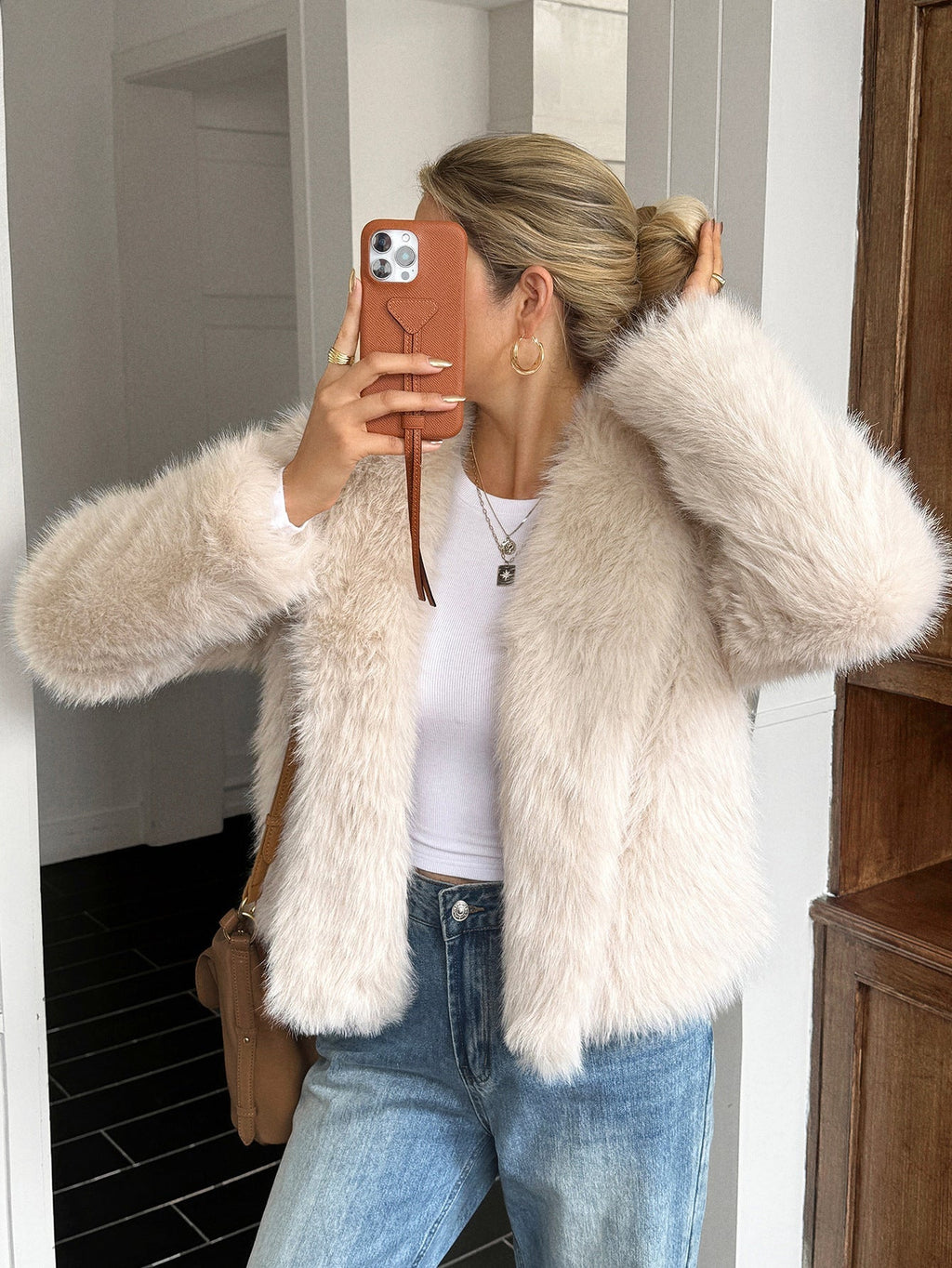 Warm Women's Fleece Coat - Boxy Hip Length, Faux Fur