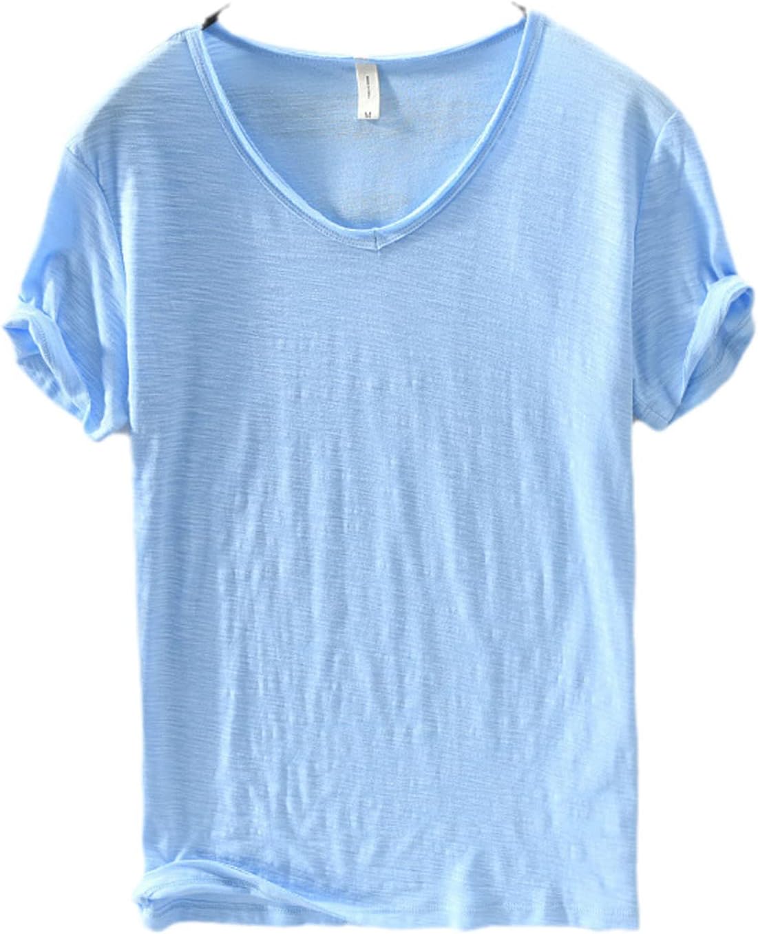 Men's V-Neck Linen Cotton Shirt, Lightweight Short Sleeve Slim-Fit Casual Top for Summer