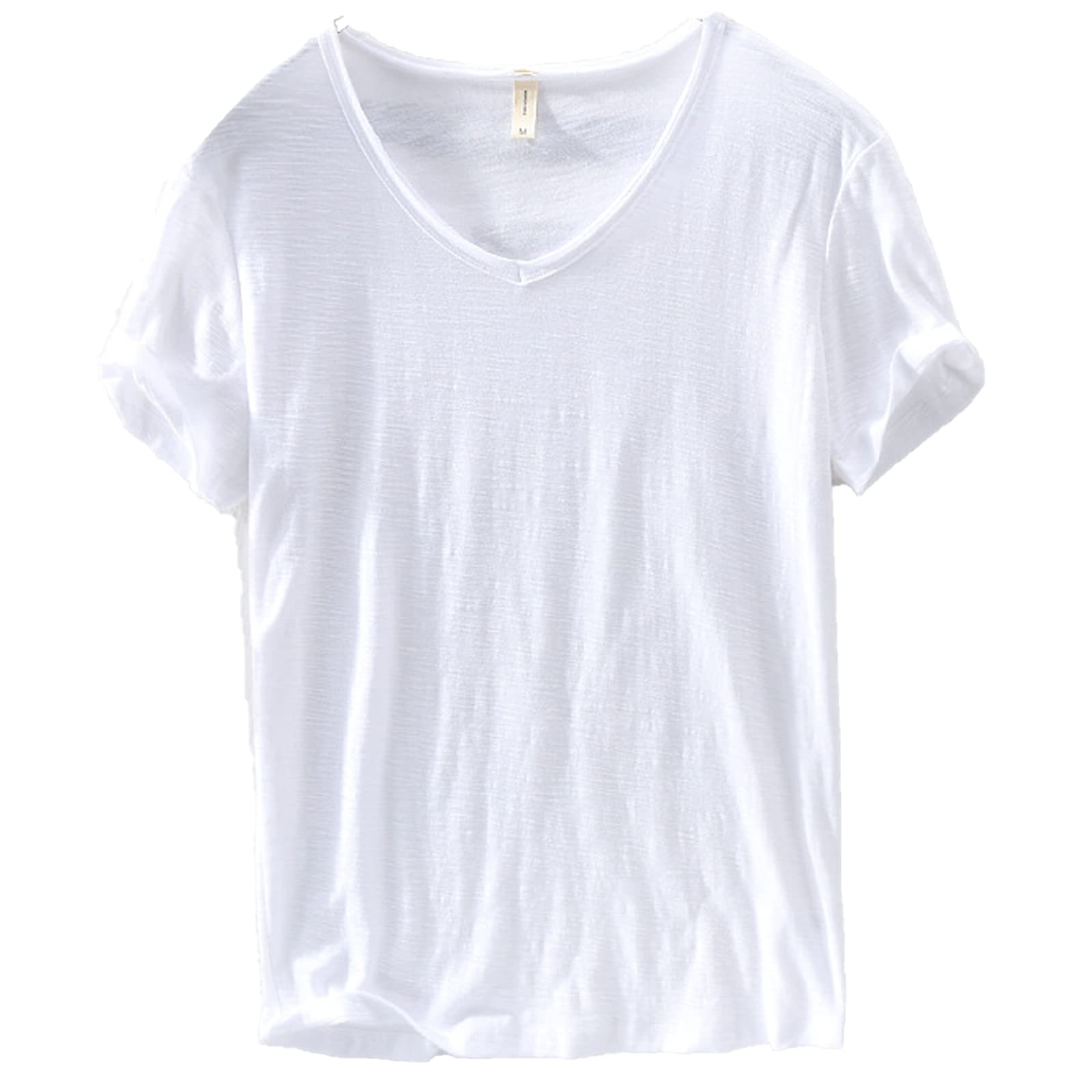 Men's V-Neck Linen Cotton Shirt, Lightweight Short Sleeve Slim-Fit Casual Top for Summer