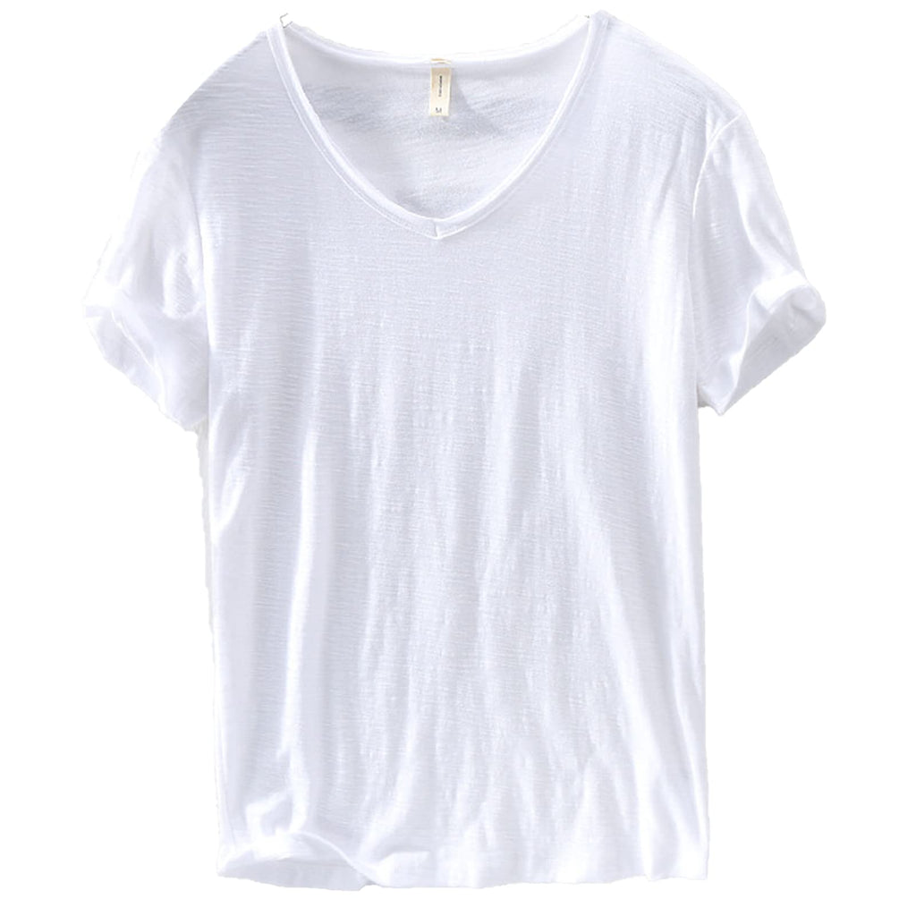 Men's V-Neck Linen Cotton Shirt, Lightweight Short Sleeve Slim-Fit Casual Top for Summer
