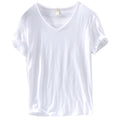 Men's V-Neck Linen Cotton Shirt, Lightweight Short Sleeve Slim-Fit Casual Top for Summer