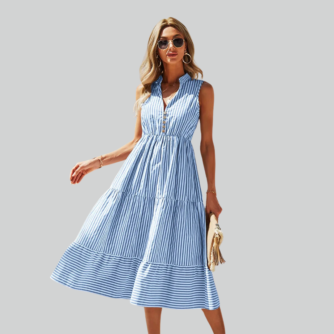 Striped Shirt Dress Women A-Line Summer Casual V-Neck Sleeveless Beach Holiday Dress