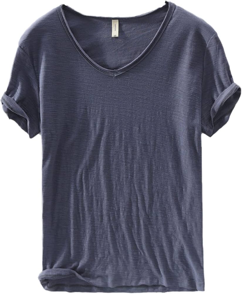 Men's V-Neck Linen Cotton Shirt, Lightweight Short Sleeve Slim-Fit Casual Top for Summer