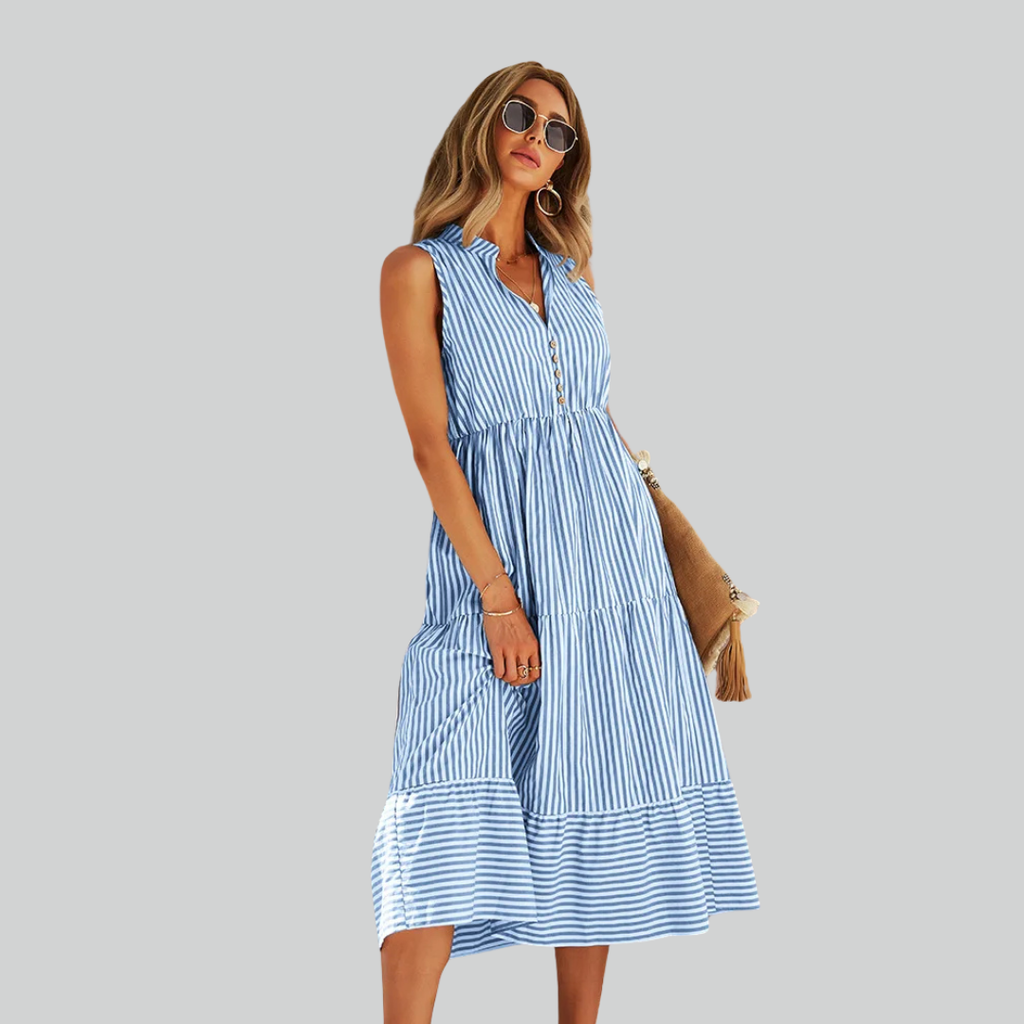 Striped Shirt Dress Women A-Line Summer Casual V-Neck Sleeveless Beach Holiday Dress