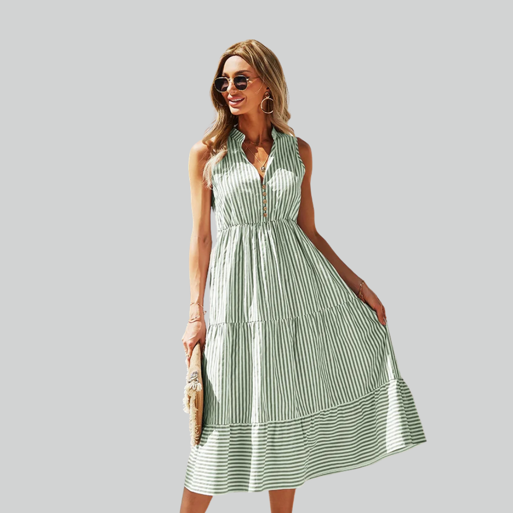 Striped Shirt Dress Women A-Line Summer Casual V-Neck Sleeveless Beach Holiday Dress
