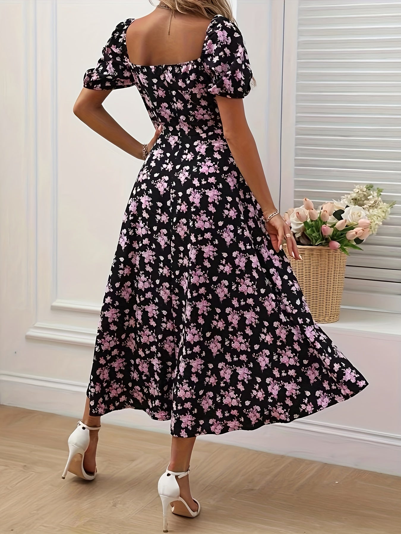 A-Line Floral Summer Dress with Puffed Sleeves for Women - Lightweight Formal Wedding Guest Dresses