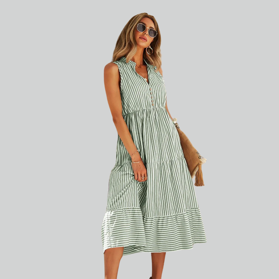 Striped Shirt Dress Women A-Line Summer Casual V-Neck Sleeveless Beach Holiday Dress