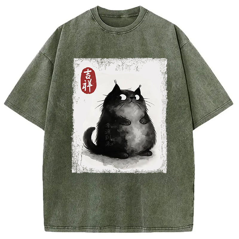 bbb Auspicious Fluffy Black Cat Washed T-Shirt
