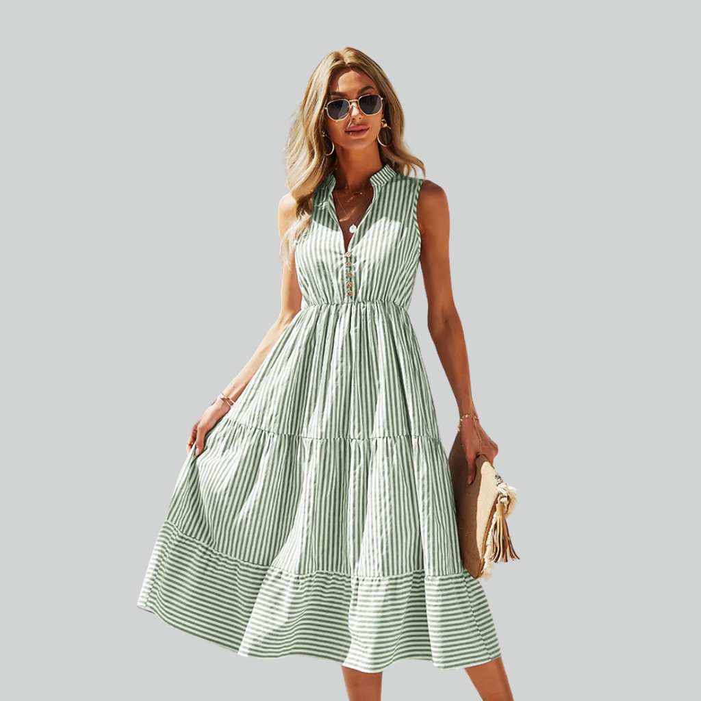 Striped Shirt Dress Women A-Line Summer Casual V-Neck Sleeveless Beach Holiday Dress