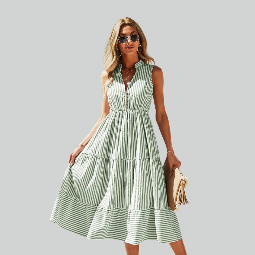 Striped Shirt Dress Women A-Line Summer Casual V-Neck Sleeveless Beach Holiday Dress