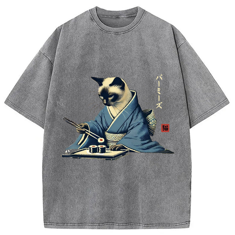 bbb Cat In Kimono Eating Sushi Washed T-Shirt