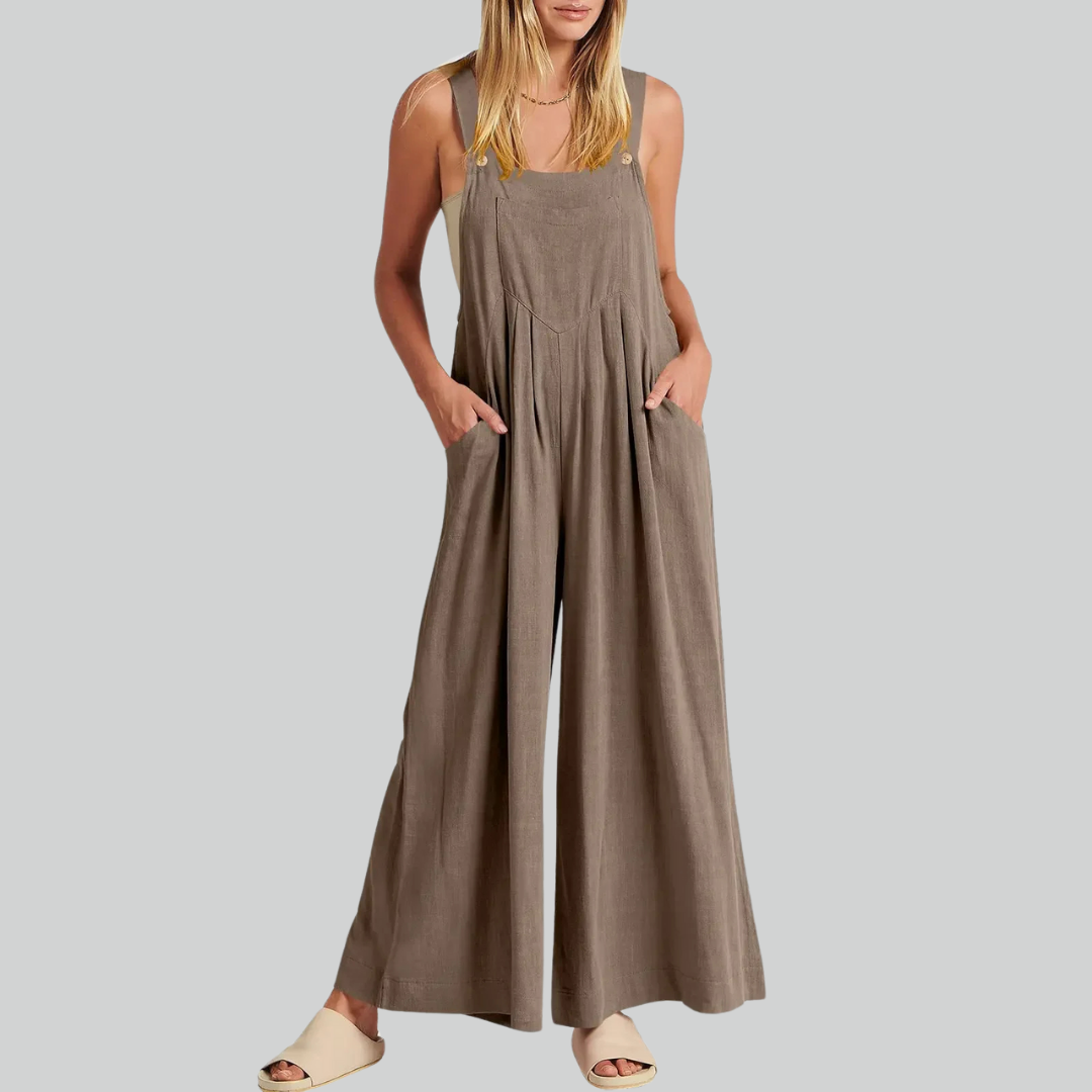 Plus Size Vintage Cotton Linen Wide Leg Overalls Jumpsuit with Pockets