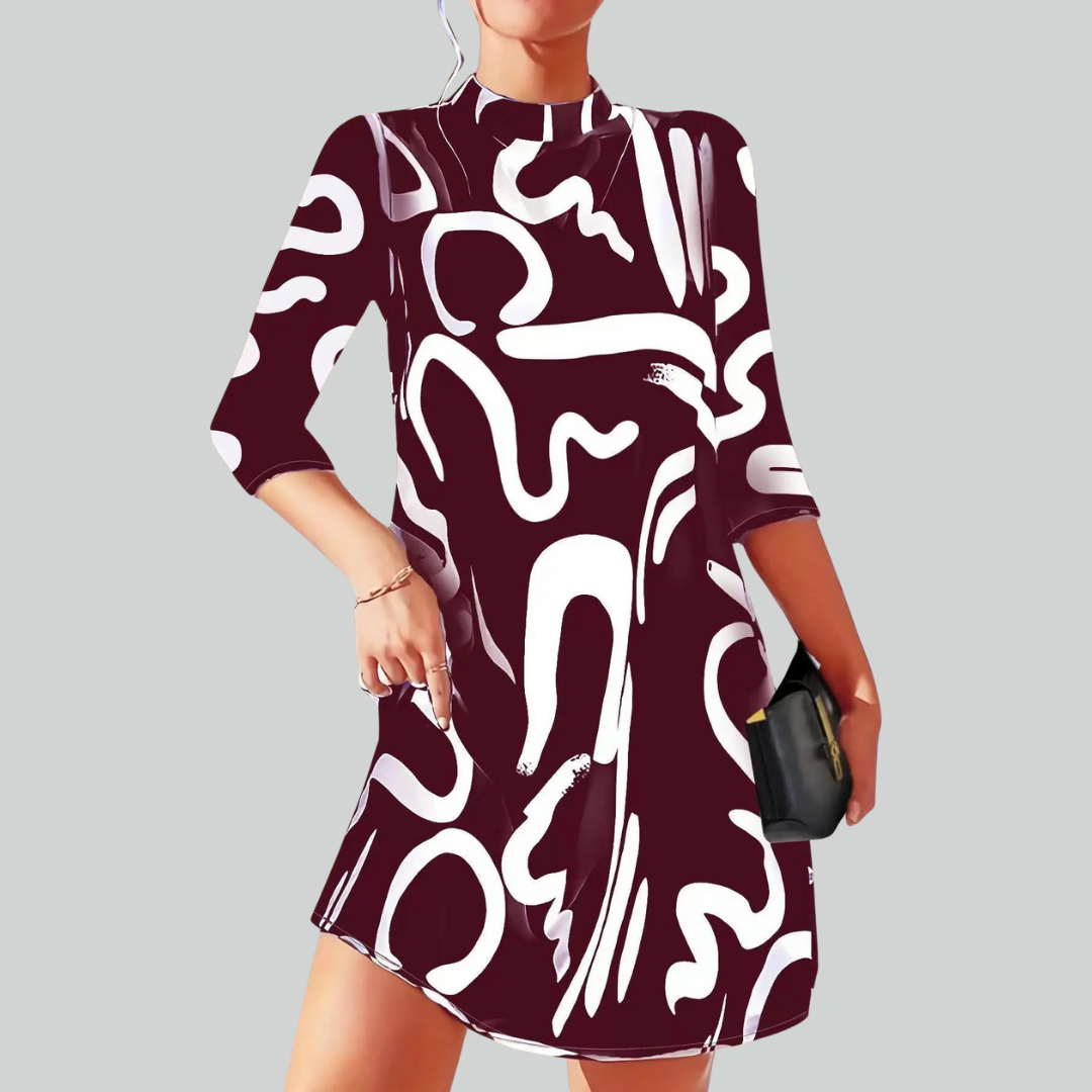 Fashion Long Sleeve Print Mini Dress for Women Autumn Casual Office Wear Robe Femme