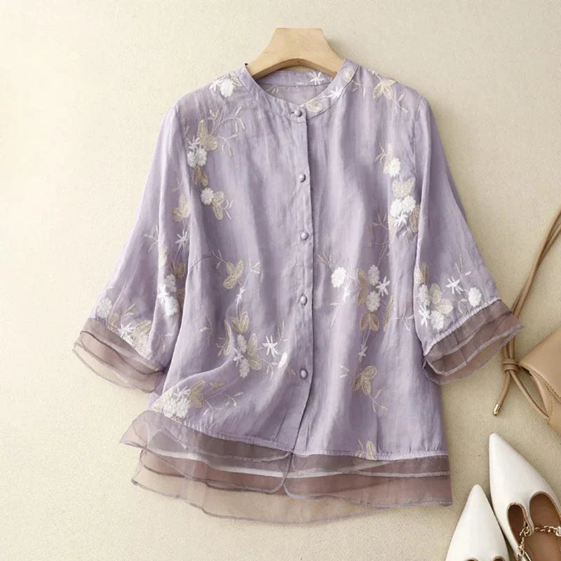 Elegant Women's Top with Embroidery, Breathable Cotton Blend Blouse in Various Colors and Sizes
