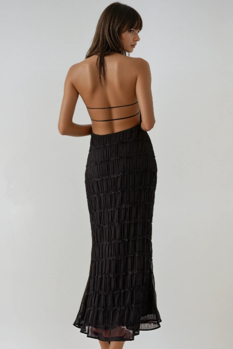 Ethereal Halter Maxi Dress in Soft Nude with Pleated Layers - Elegant Long Dress for Women, Full-Length Design