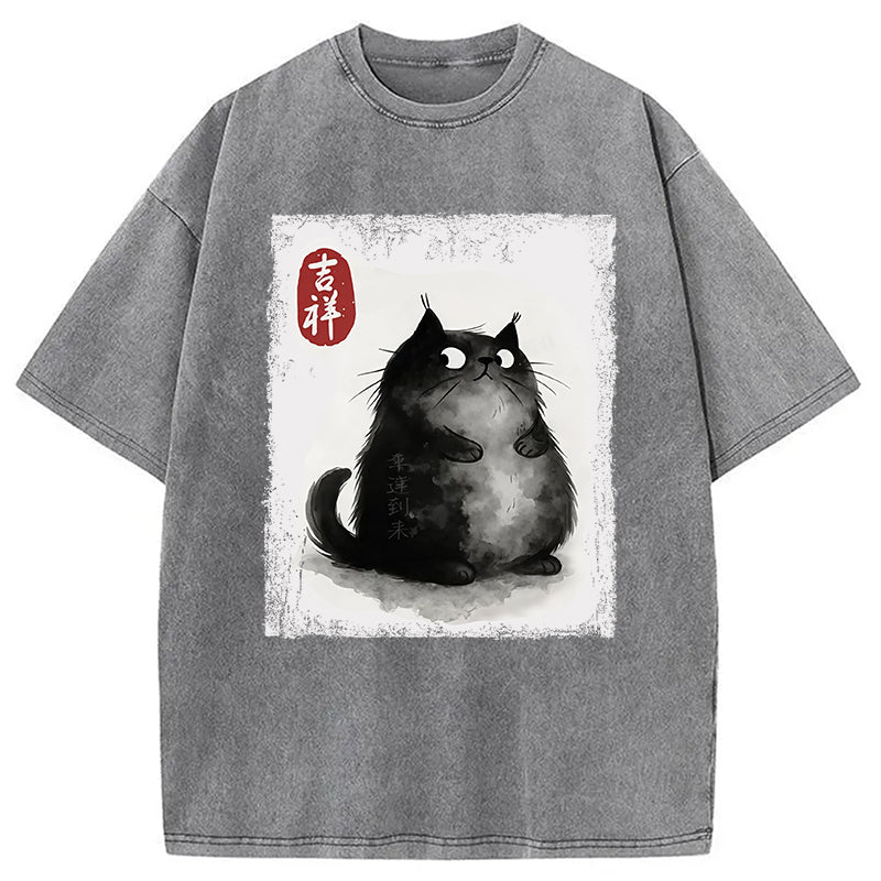 bbb Auspicious Fluffy Black Cat Washed T-Shirt