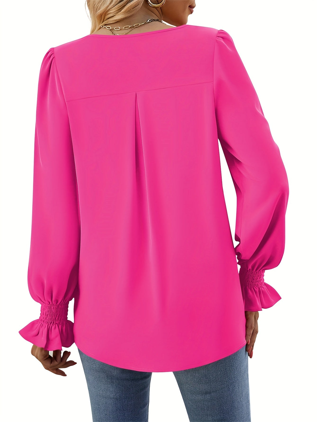 Elegant Women's Blouse in Solid Color, Lightweight Polyester V-Neck Top for Spring and Autumn Styling