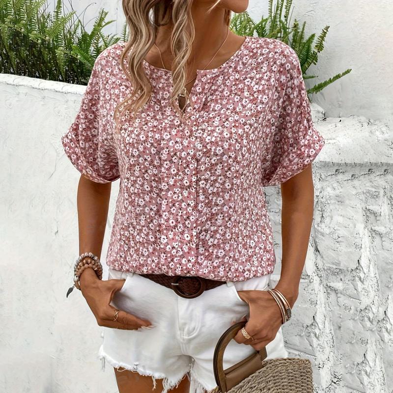 Vintage Floral Womens Blouse, Short Sleeve V-Neck Cotton-Polyester Blend Summer Top for Women