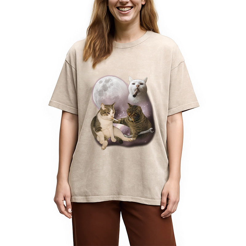 bbb Three Cat Smoking Retro Washed T-Shirt