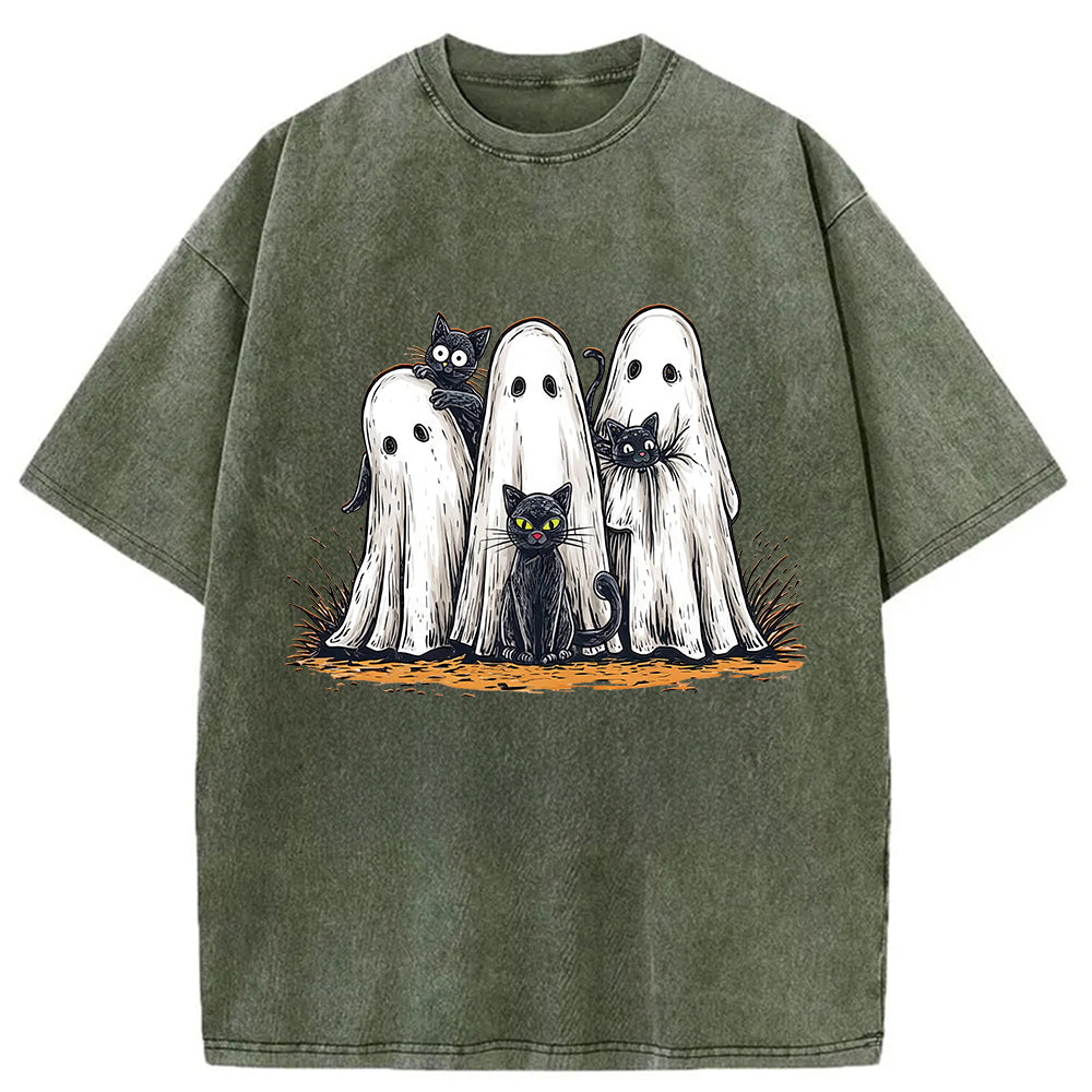 bbb Black Cat Ghost Halloween Washed T-Shirt