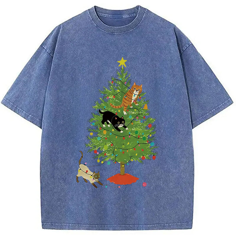bbb Cats Playing On The Christmas Tree Washed T-Shirt