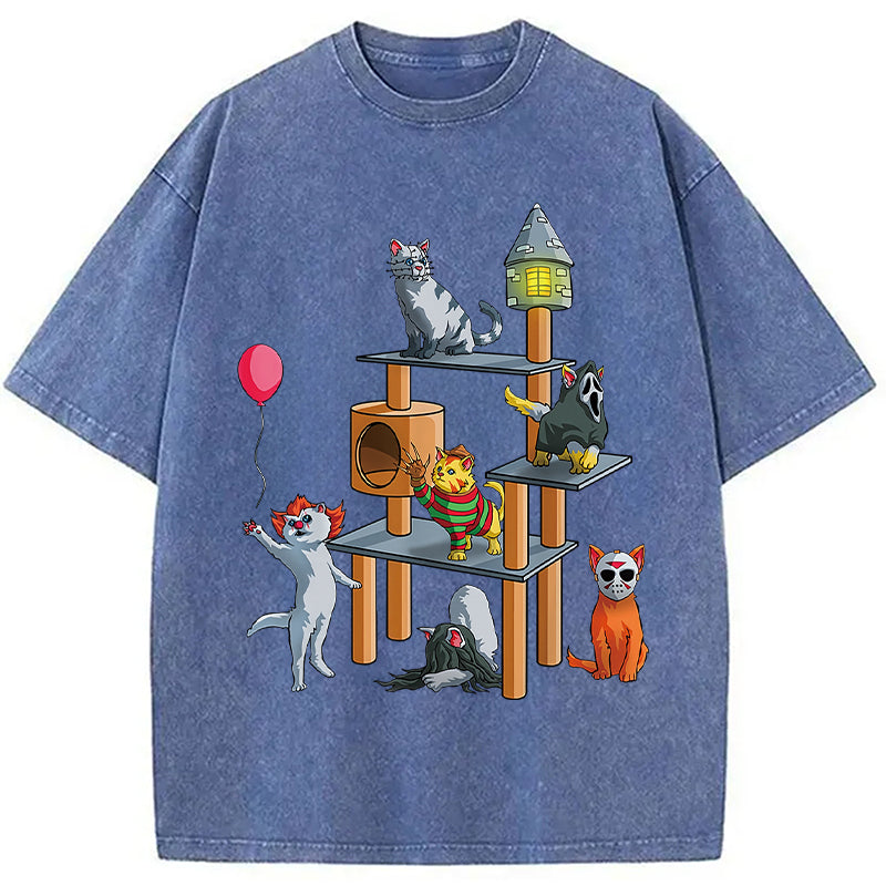 bbb Funny Cat Horror Movies Cute Halloween Washed T-Shirt