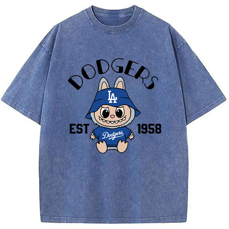 bbb Labubu Dodgers Dream Baseball Vintage Japanese Washed T-Shirt