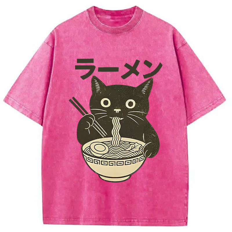 bbb Simple Black Cat Eating Ramen Washed T-Shirt