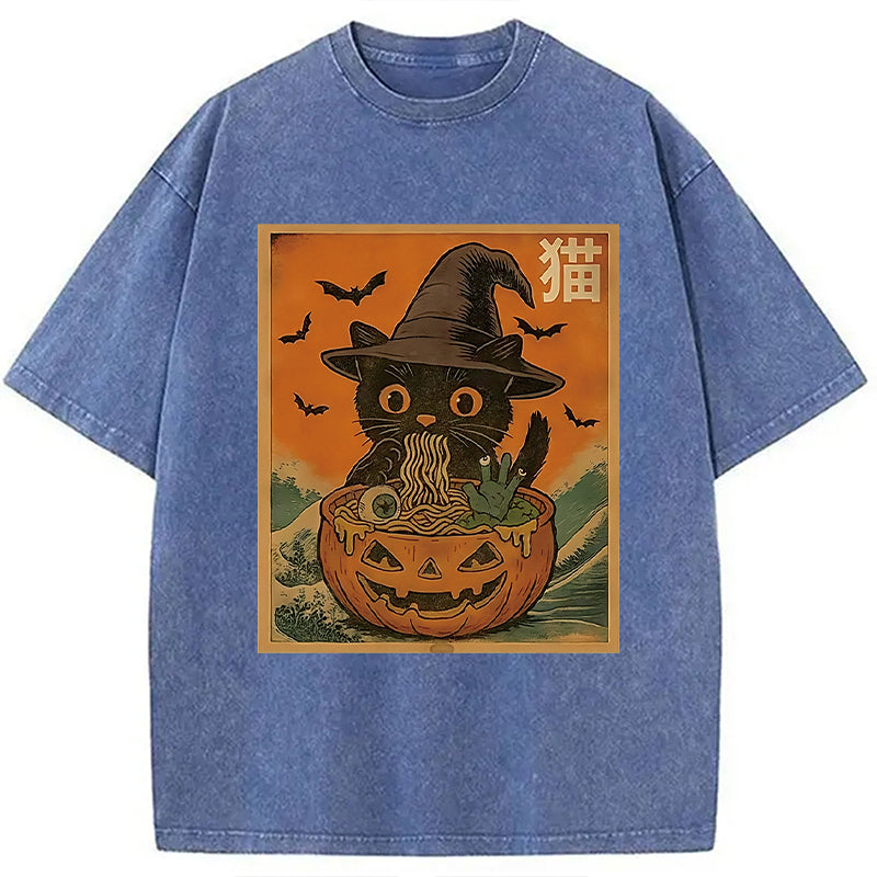 bbb Halloween Cat Eating Ramen Washed T-Shirt