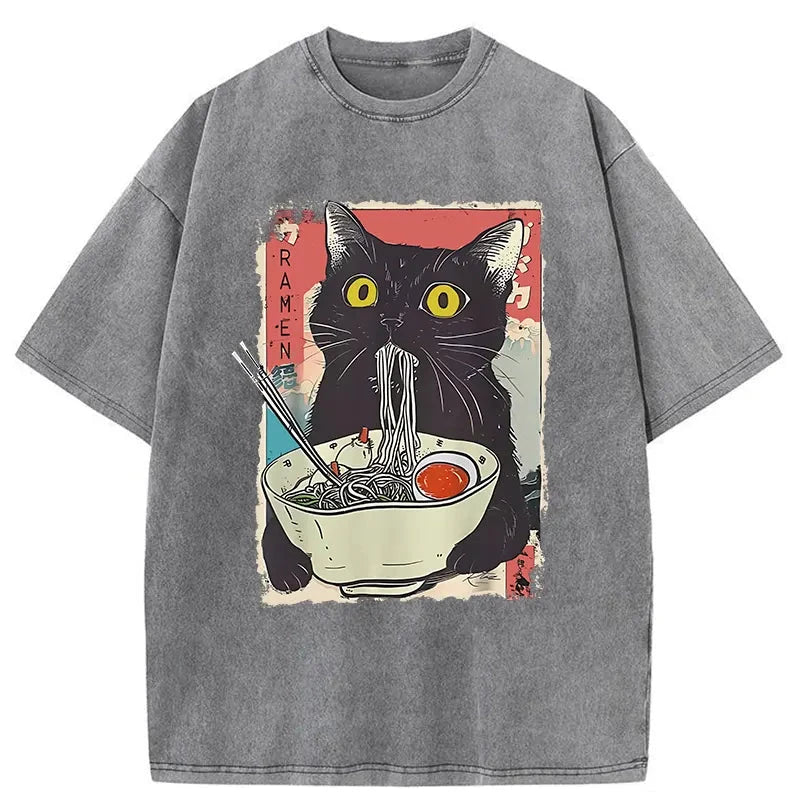 bbb Cute Cat Eating Ramen Washed T-Shirt