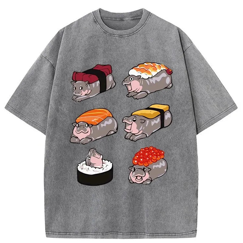 bbb Cute Hippo Sushi Washed T-Shirt