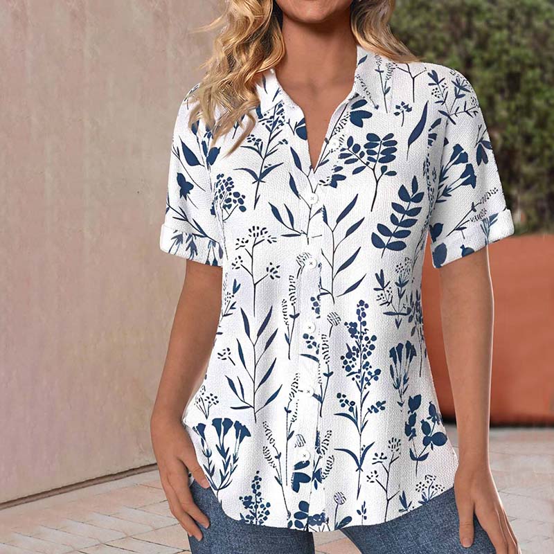 Casual Leaf Print Womens Blouse, Short Sleeves Cotton-Polyester Blend Summer Top for Spring and Summer Wear