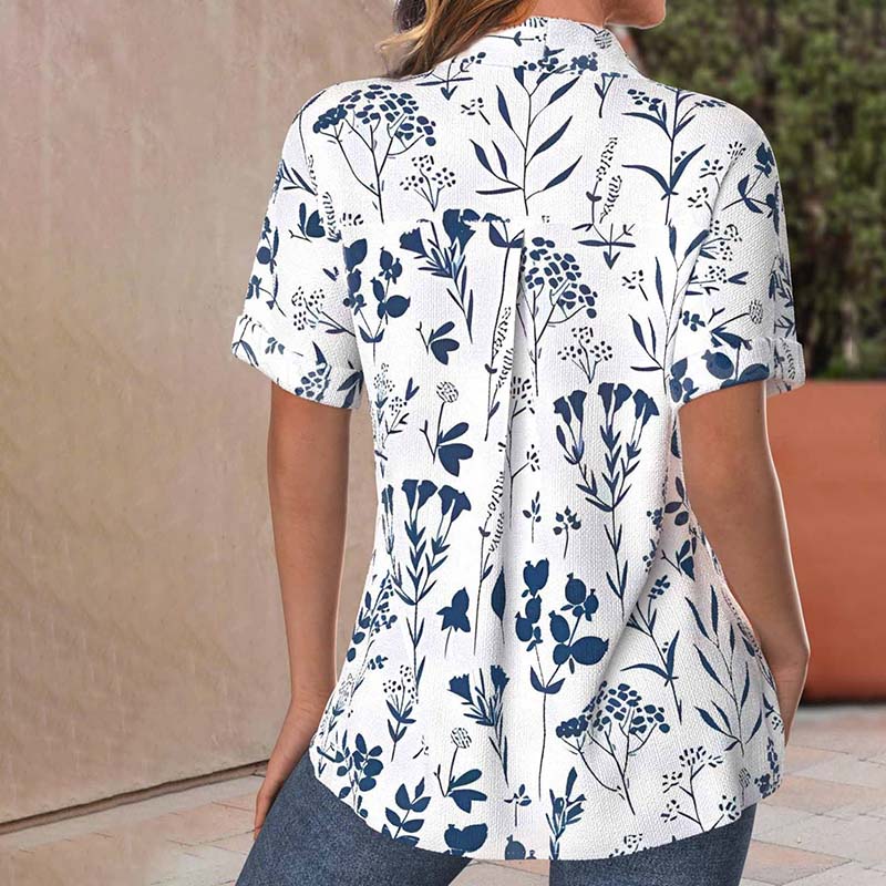 Casual Leaf Print Womens Blouse, Short Sleeves Cotton-Polyester Blend Summer Top for Spring and Summer Wear