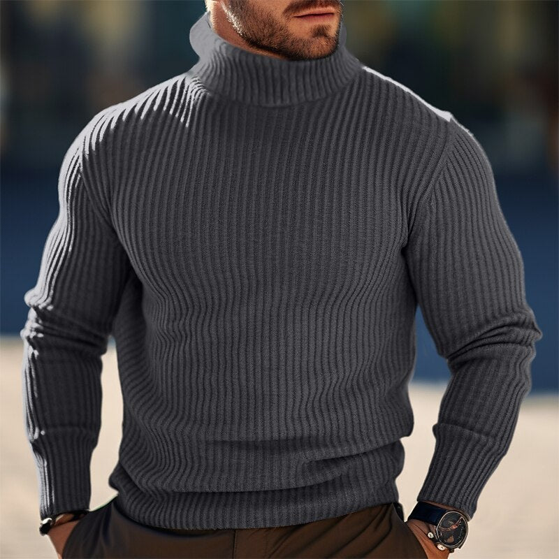 Warm Men Turtleneck Sweater - Ribbed Wool, Winter Layering