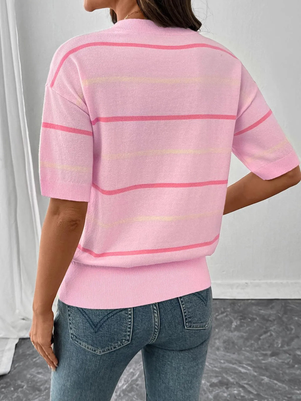 2026 Women's Knitted Striped Crewneck Short Sleeve Sweater