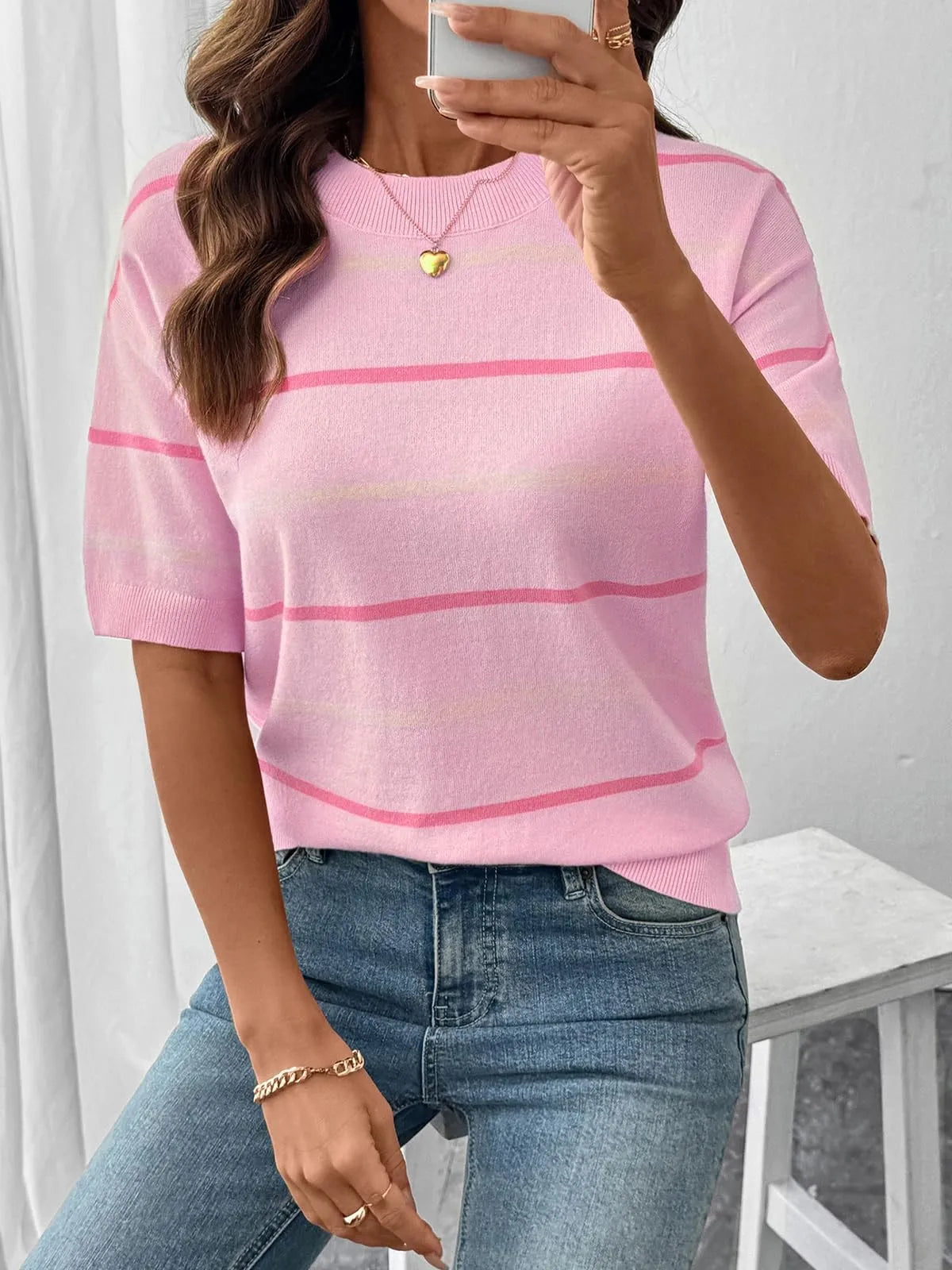 2026 Women's Knitted Striped Crewneck Short Sleeve Sweater