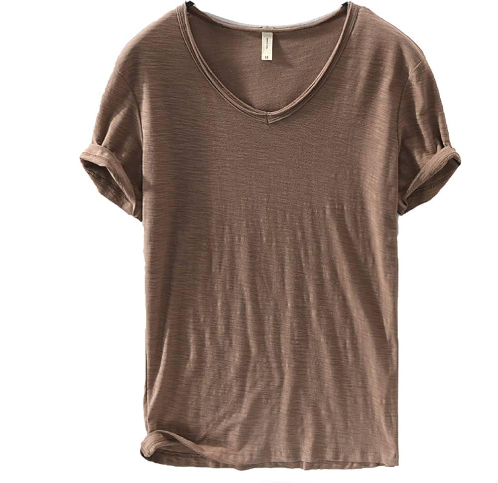 Men's V-Neck Linen Cotton Shirt, Lightweight Short Sleeve Slim-Fit Casual Top for Summer