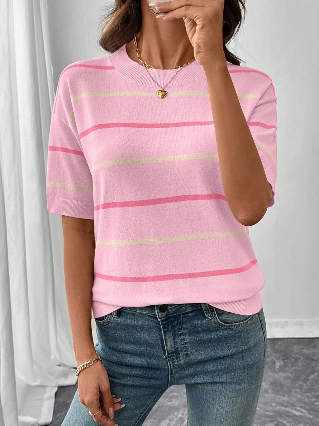 2026 Women's Knitted Striped Crewneck Short Sleeve Sweater