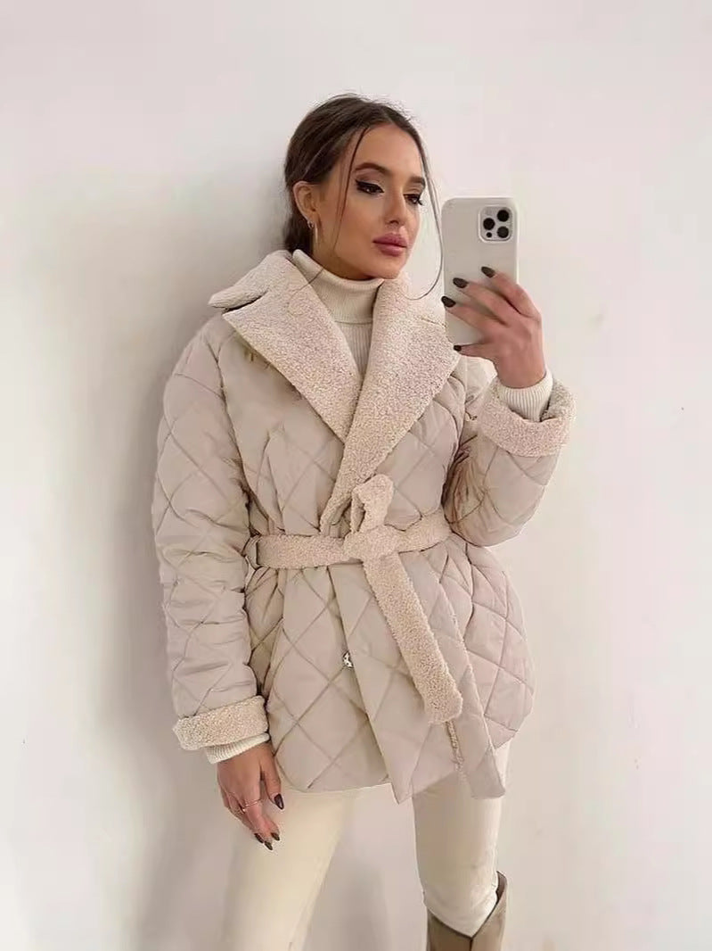 Warm Womens Coat - Quilted Sherpa Lapel, Belted Winter
