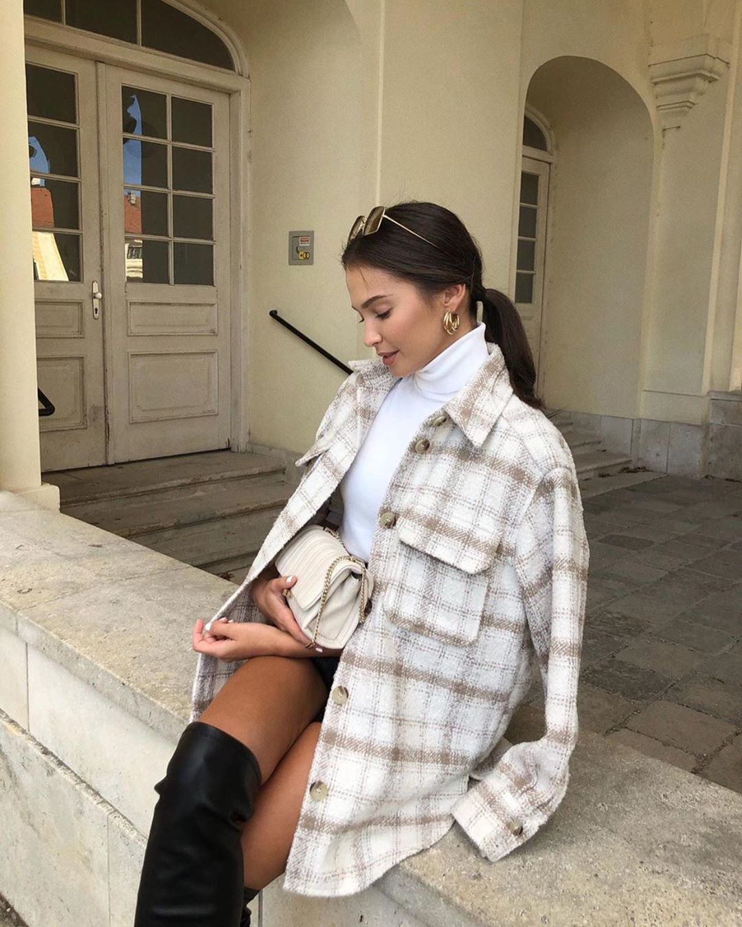 Oversized Womens Long Coat - Shirt Style, Tweed, For City