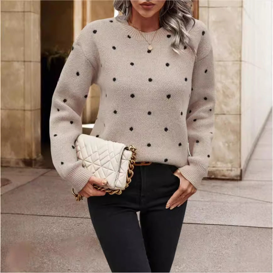 Soft Womens Sweater - Round Neck Long Sleeve Jacquard, Cozy