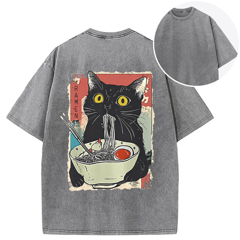 bbb Cute Cat Eating Ramen Back Washed T-Shirt