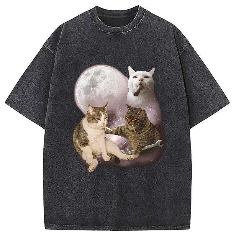 bbb Three Cat Smoking Retro Washed T-Shirt