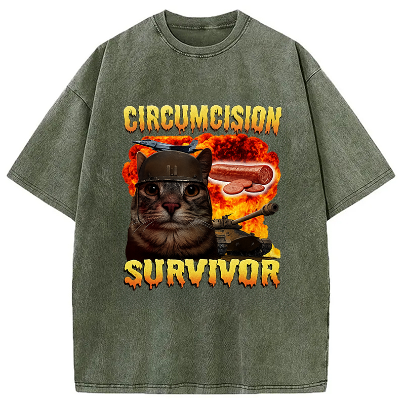 bbb Circumcision Survivor Funny Cat Meme Washed T-Shirt