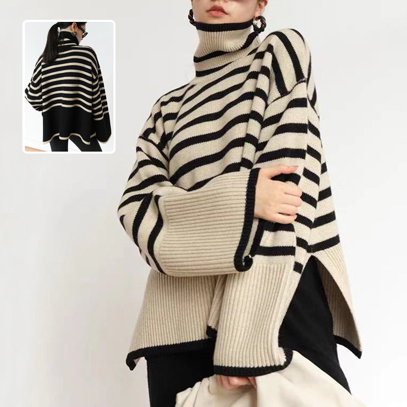 Oversize-Damen-Rollkragenpullover – Strick mit Schlitzen, warm