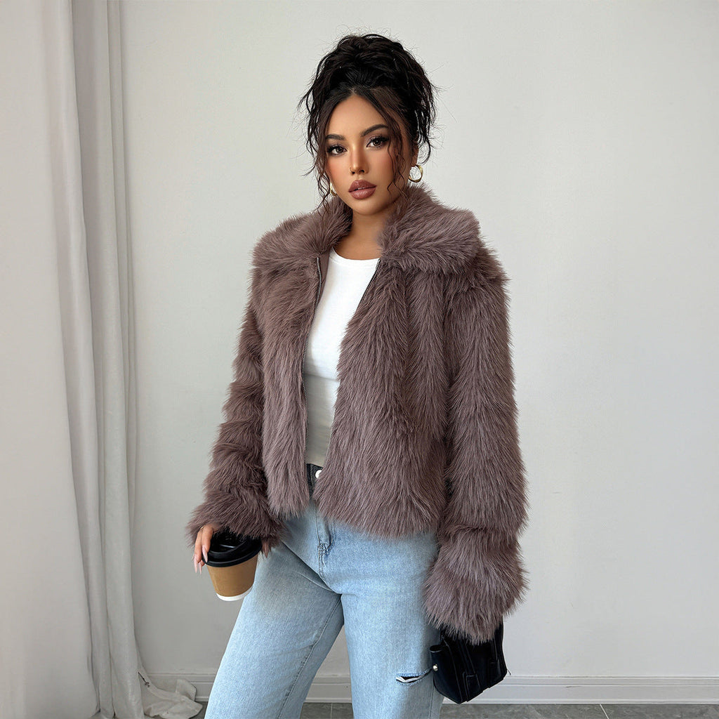 Warm Cozy Women’s Overcoat - Boxy Hip, Faux Fur, Winter
