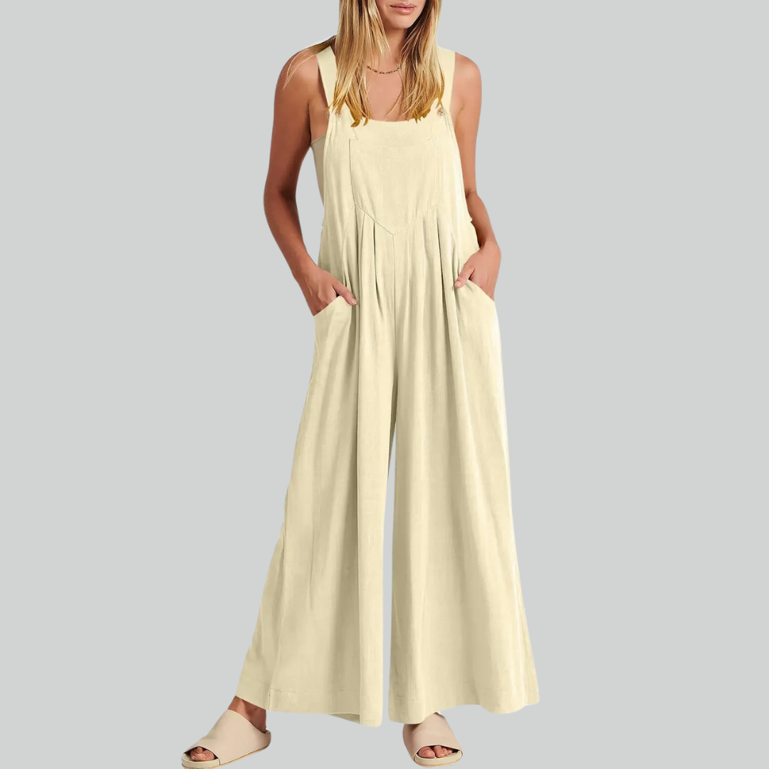 Plus Size Vintage Cotton Linen Wide Leg Overalls Jumpsuit with Pockets